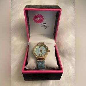Betsey Johnson Watch Gold Rhinestone Blue Face with Faux Crocodile Band Gift Box